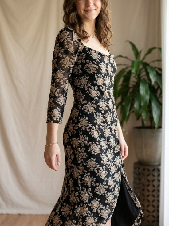 Lush Dresses & Skirts - ​LUSH Floral Burnout Velvet Midi Dress S NWT Ruched High-Low Long Sleeve
